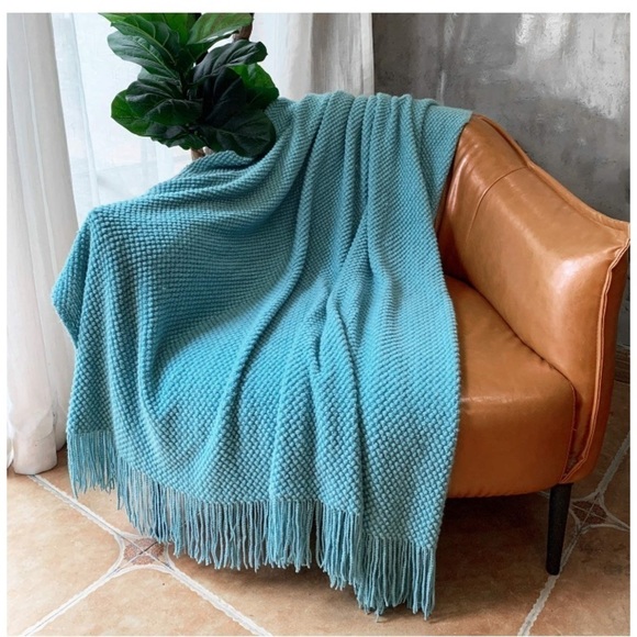 Light Sky Blue Textured Minimal Cozy Knit Pattern Fringe Tassel Couch Blanket - Picture 6 of 16